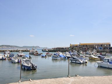 A harbor with boats docked in the water and buildings on the shore at River Lym Cottage in Lyme Regis