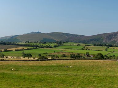 A countryside landscape with green fields hills and sheep grazing at How Hill Farm Cottage in Greystoke