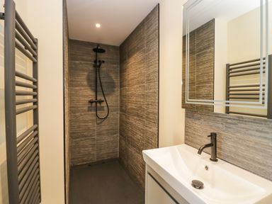A bathroom with a walk-in shower and a sink with a faucet at How Hill Farm Cottage in Greystoke