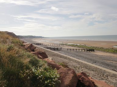 A beach with rocky cliffs grass and flowers in the foreground and the sea visible at The Chalet in Coulderton near Egremont Cumbria