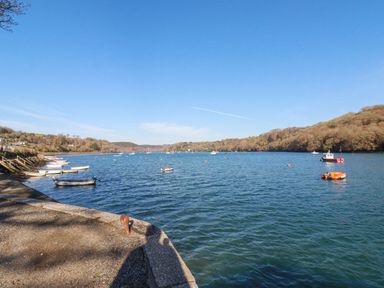 A river with boats along the shore and hills in the background at Oakenhurst in Golant