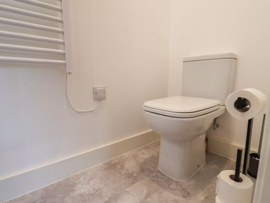 A bathroom with a white toilet a toilet paper holder and a radiator at The Bungalow in Lyme Regis