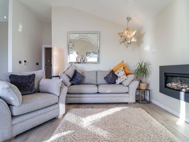 A living room with grey sofas and cushions a decorative mirror a standing lamp a plant and a fireplace at The Penthouse in Woodbridge