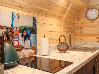 A kitchen counter with an electric stove kettle paper towels fruit basket sink and wall clock at The Shearer - Crossgate Luxury Glamping in Hartsop near Glenridding