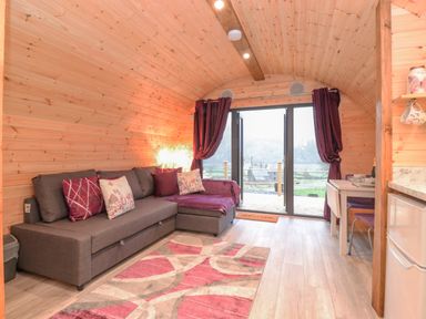 A wooden room with a gray sofa and purple cushions and curtains at Lovies Place - Crossgate Luxury Glamping in Hartsop near Glenridding