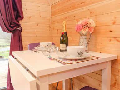 A dining table with bowls plates a bottle of champagne and a vase of flowers in a wooden room at Lovies Place - Crossgate Luxury Glamping Hartsop near Glenridding