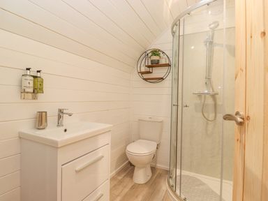 A bathroom with a sink, toilet, corner shower, and wall shelves with a plant at Lovies Place - Crossgate Luxury Glamping in Hartsop near Glenridding