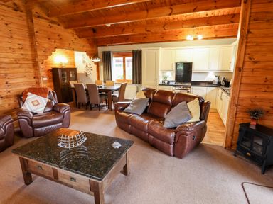 An open living room with brown leather sofas a wooden dining table with chairs a kitchen with white cabinets and a black stove at Avocet Lodge in Tattershall Lakes Country Park