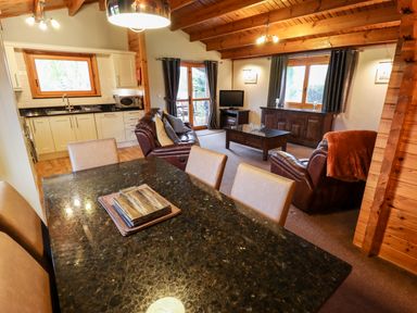 An open plan kitchen and living area with a dining table wooden beams and leather sofas at Avocet Lodge in Tattershall Lakes Country Park