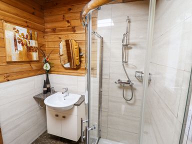A bathroom with a sink cabinet shower area wooden wall paneling and decorative painting at Avocet Lodge Tattershall Lakes Country Park