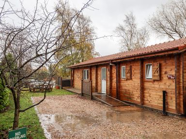 A wooden lodge with a tiled roof and a no parking sign on a wet gravel driveway at Avocet Lodge in Tattershall Lakes Country Park