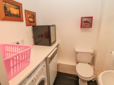 A small room with a washing machine dishwasher toilet laundry basket and framed pictures on the wall at 2 The Reformed Church in Embleton