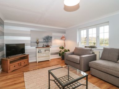 A living room with gray sofas glass coffee table and television at Rainbow View in Churchstanton near Churchinford