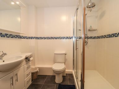 A bathroom with a sink cabinet toilet and glass shower enclosure at Rainbow View in Churchstanton near Churchinford
