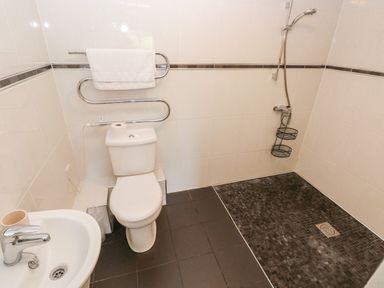 A bathroom with a toilet sink towel rack and shower area at The Old Farm House in Redberth near Pentlepoir