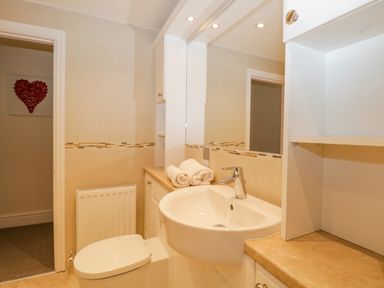 A bathroom with a toilet sink rolled towels and shelves at Lake House Loft in Bowness-On-Windermere