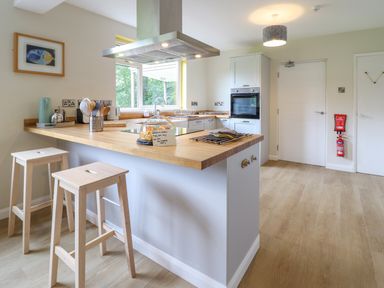 A kitchen with wooden stools and a countertop with kitchen utensils and a cake dome at The Wardens House in Tregynon near Newtown
