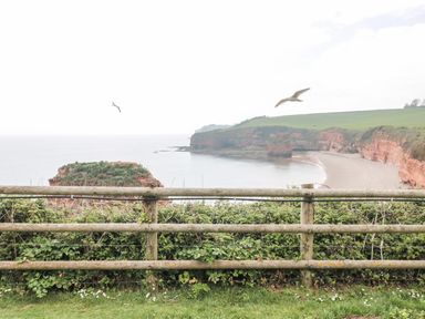 A coastal view with cliffs and a beach seen from behind a wooden fence at The Retreat in Otterton