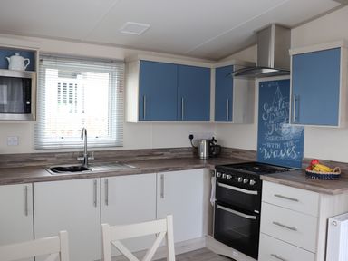 A kitchen with blue and white cabinets a black oven a stainless steel microwave a sink under a window and a fruit basket on the counter at The Retreat in Otterton