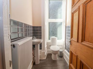 A small bathroom with a toilet sink radiator and a wooden door at The Lloyd George in Bontnewydd Gwynedd