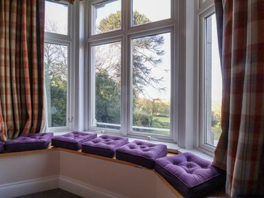 A window seat with purple cushions and plaid curtains at The Lloyd George in Bontnewydd Gwynedd