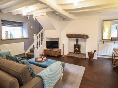 A living room with a gray sofa blue patterned cushions a wood stove and a TV under stairs at 3 Ivy Court in Dolgellau