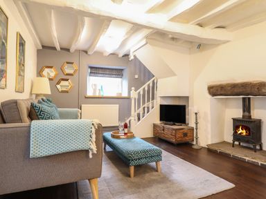 A living room with a sofa ottoman wood stove and TV at 3 Ivy Court in Dolgellau
