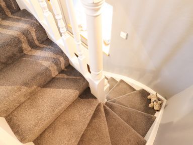 A carpeted spiral staircase with white banisters and a small stuffed toy on the stairs at 3 Ivy Court in Dolgellau