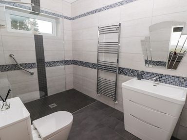 A bathroom with a toilet sink with drawers towel rack and a walk in shower at Ty Marlyn in Crofty