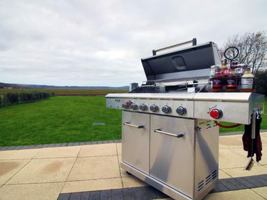 A stainless steel gas grill on a patio with green grass and fields in the background at Ty Marlyn in Crofty