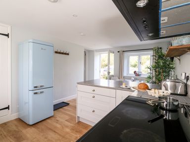 A kitchen with a blue fridge a countertop with bread and eggs and a window with a plant at Dairy Cottage in Abbotsbury