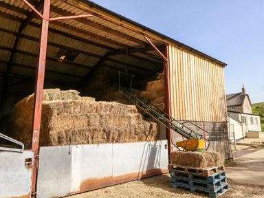 A barn with stacks of hay bales inside and a conveyor belt loading hay at Dairy Cottage in Abbotsbury