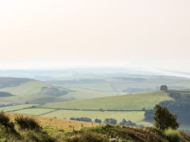 A landscape of rolling green fields with hedgerows and a stone structure on a hill at Dairy Cottage in Abbotsbury