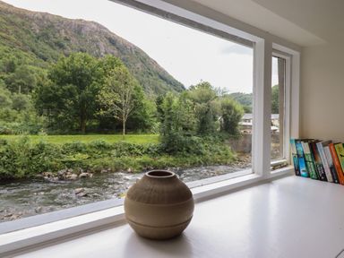 A window with a vase and books overlooking a river at Riverside Cottage Beddgelert