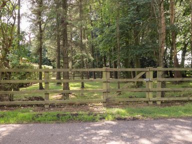 A wooden fence and gate with trees and grass behind it at Washburn Lodge in Fewston near Darley