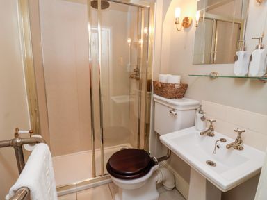 A bathroom with a shower enclosure a toilet with a dark wooden seat a pedestal sink and a towel rail at The Stables and West Wing in Bolton Percy near Tadcaster