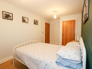 A bedroom with a white metal bed frame two wooden doors three framed photos on the wall and a green feature wall at Pointers View in Weymouth