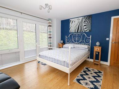 A bedroom with a white metal bed frame blue accent wall wooden nightstands and a zebra picture at Pointers View in Weymouth
