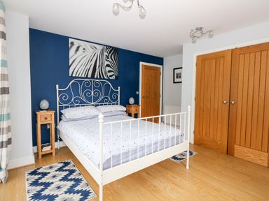 A bedroom with a white metal bed and blue accent wall with a zebra picture at Pointers View in Weymouth