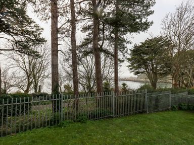 A grassy yard with a metal fence and trees overlooking a body of water at Pointers View in Weymouth
