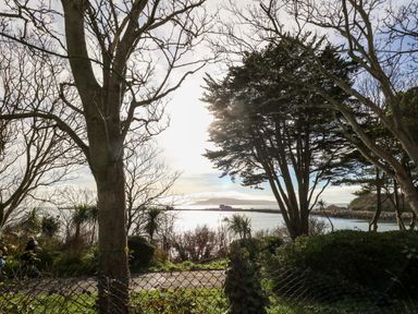 A fenced grassy area with bare and leafy trees overlooking a body of water with a distant shoreline at Pointers View in Weymouth