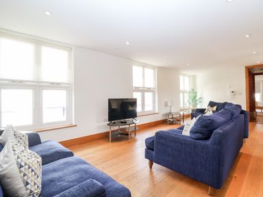 A living room with blue sofas a television on a stand wooden floor and windows at The Old Gymnasium in Southwold