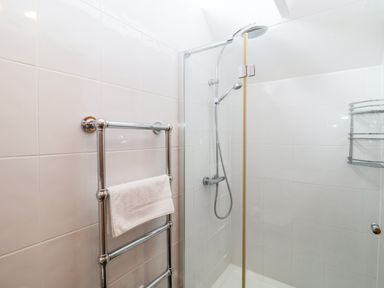A bathroom shower area with a chrome towel rack holding a white towel and a glass shower door at The Old Gymnasium in Southwold