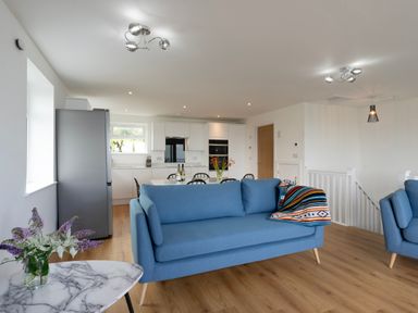 An open plan living area with blue sofas a white kitchen and a dining table with chairs a vase of flowers on a marble side table at Treen in St Ives
