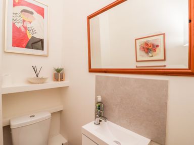 A bathroom with a toilet under a white shelf holding a plant and diffuser next to a sink with a mirror above at 6 Granary Court in York