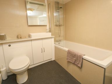 A bathroom with a toilet sink mirror bathtub and towel at The Esplanade in Weymouth