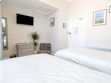 A bedroom with two beds a chest of drawers a wall-mounted television a plant and framed pictures on the walls at The Esplanade in Weymouth