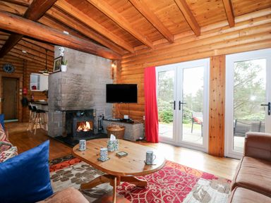 A living room with a wooden ceiling and walls a stone fireplace with a fire a wooden table with mugs and tissue near glass doors leading outside at Rocksite in Kirkmichael Perth And Kinross