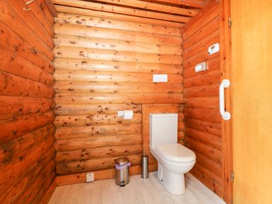 A wooden bathroom with a toilet a trash bin and a toilet brush at Rocksite in Kirkmichael Perth And Kinross