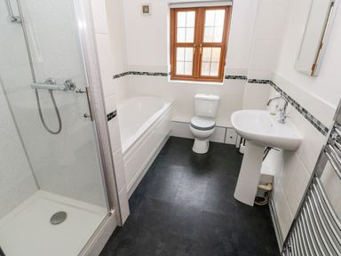 A bathroom with a shower enclosure bathtub toilet sink and a window at Ty Melyn in Boncath